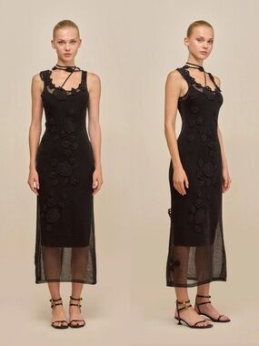 Cult Gaia Pemma Knit Black Floral-Appliqué Sheer-Hem Midi Dress Size XS
